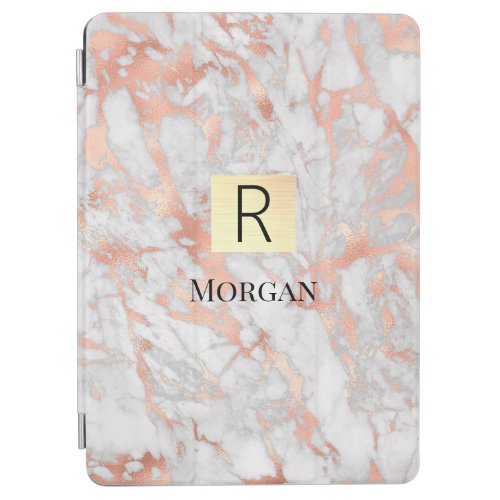 White  Rose Gold Marble Gold Box Name  Monogram iPad Air Cover