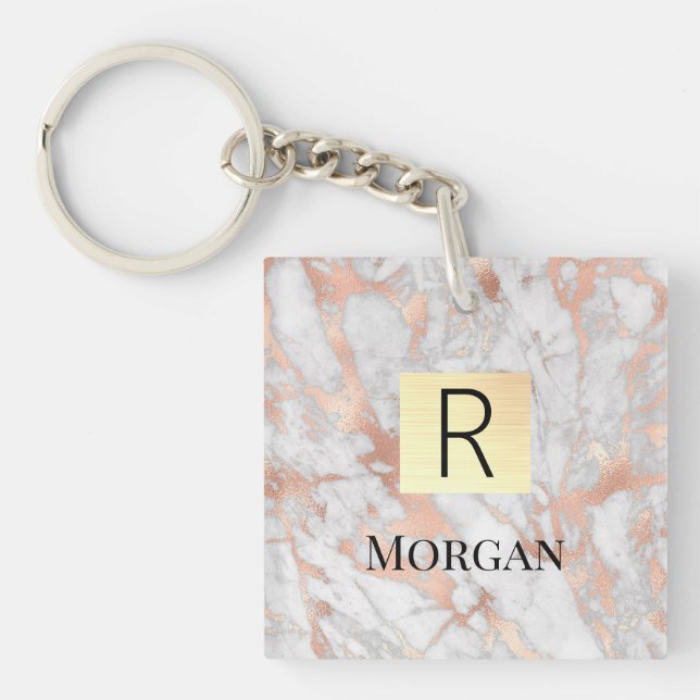White & Rose Gold Marble Gold Box, Name & Monogram Keychain (Front)