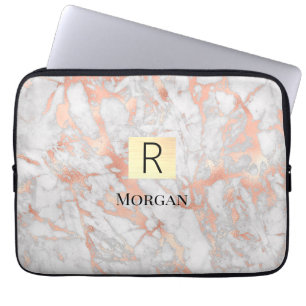 White & Rose Gold Marble Gold Box, Name & Monogram Laptop Sleeve