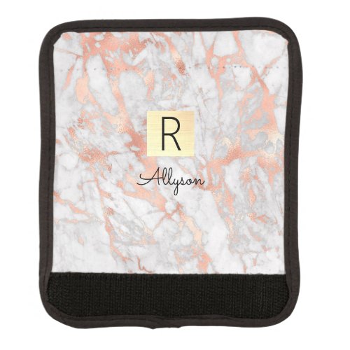 White  Rose Gold Marble Gold Box Name  Monogram Luggage Handle Wrap