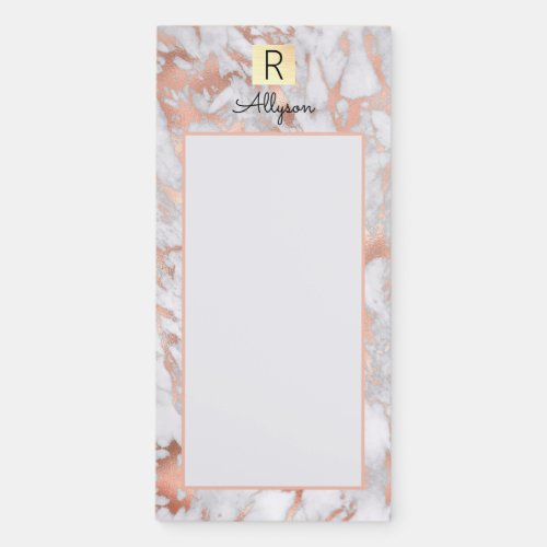 White  Rose Gold Marble Gold Box Name  Monogram Magnetic Notepad