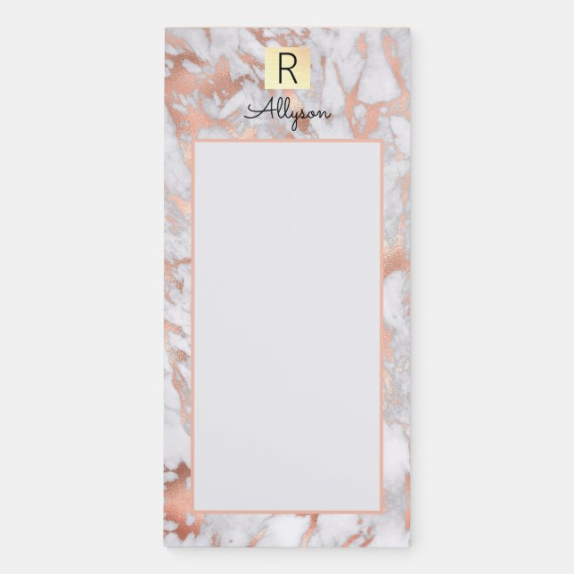 White & Rose Gold Marble Gold Box, Name & Monogram Magnetic Notepad (Front)