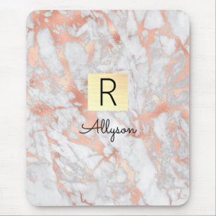 White & Rose Gold Marble Gold Box, Name & Monogram Mouse Pad