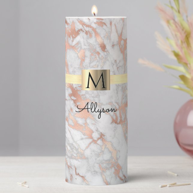 White & Rose Gold Marble, Gold Box Name & Monogram Pillar Candle (In Situ)