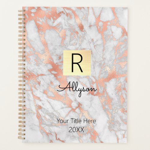 White  Rose Gold Marble Gold Box Name  Monogram Planner