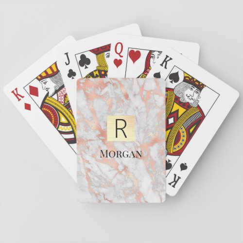 White  Rose Gold Marble Gold Box Name  Monogram Poker Cards