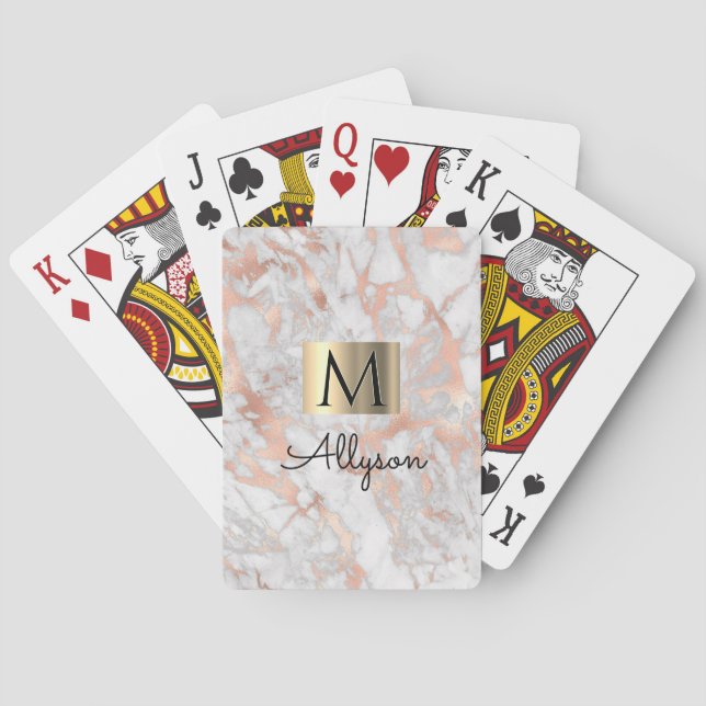 White & Rose Gold Marble Gold Box, Name & Monogram Poker Cards (Back)