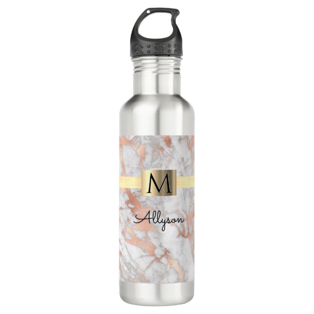 White & Rose Gold Marble, Gold Box Name & Monogram Stainless Steel Water Bottle (Front)