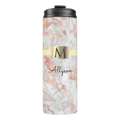 White  Rose Gold Marble Gold Box Name  Monogram Thermal Tumbler