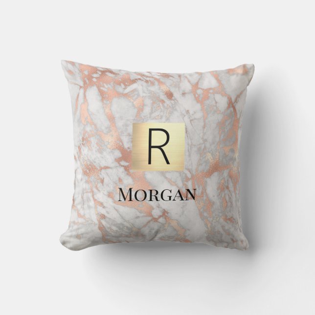 White & Rose Gold Marble Gold Box, Name & Monogram Throw Pillow (Front)