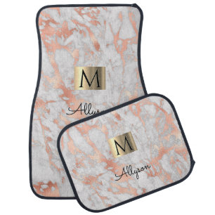 White/Rose Gold Marble, Gold Box Name/Monogram Vs2 Car Floor Mat