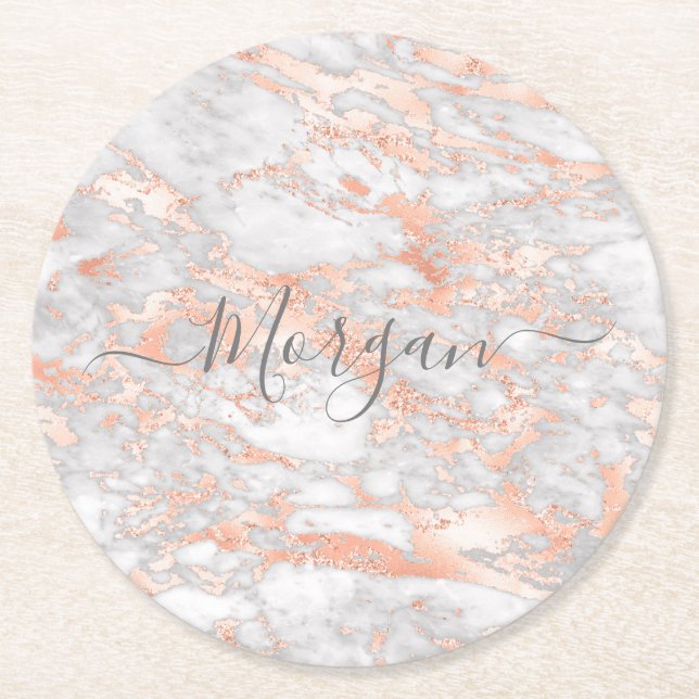 White & Rose Gold Marble, Grey Script Name Round P Paper Coaster (Front)