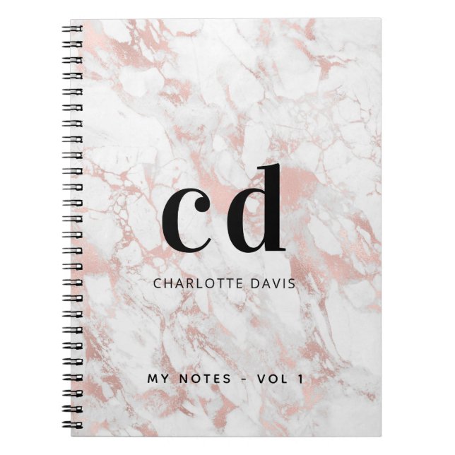 White rose gold marble monogram initial minimalist notebook (Front)