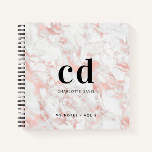 White rose gold marble monogram initial minimalist notebook