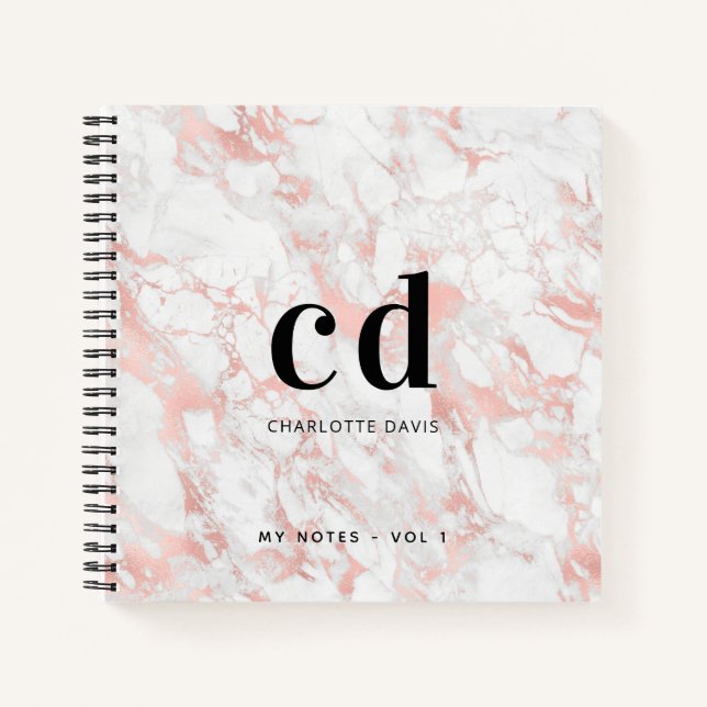White rose gold marble monogram initial minimalist notebook (Front)