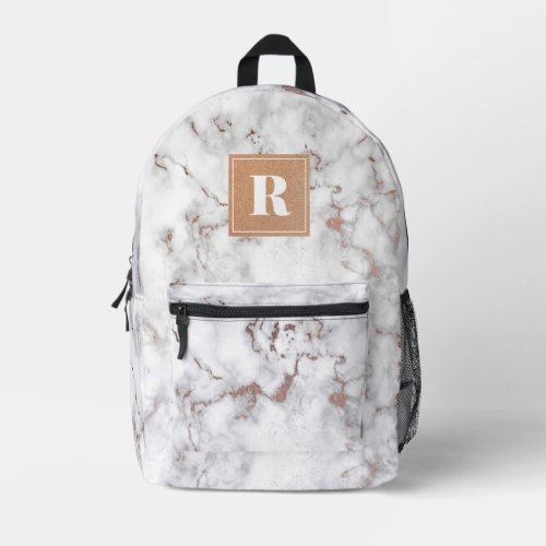 White  Rose Gold Marble Monogram Printed Backpack