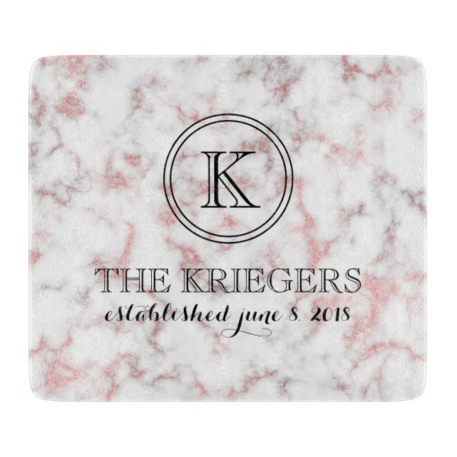 White Rose Gold Marble Monogram Wedding Cutting Board (Front)