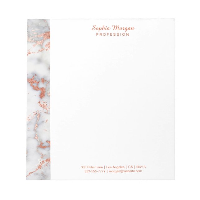 White & Rose Gold Marble, Name Info Occupation Notepad (Front)