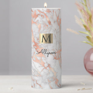 White & Rose Gold Marble, Name & Monogram, Vs 2 Pillar Candle