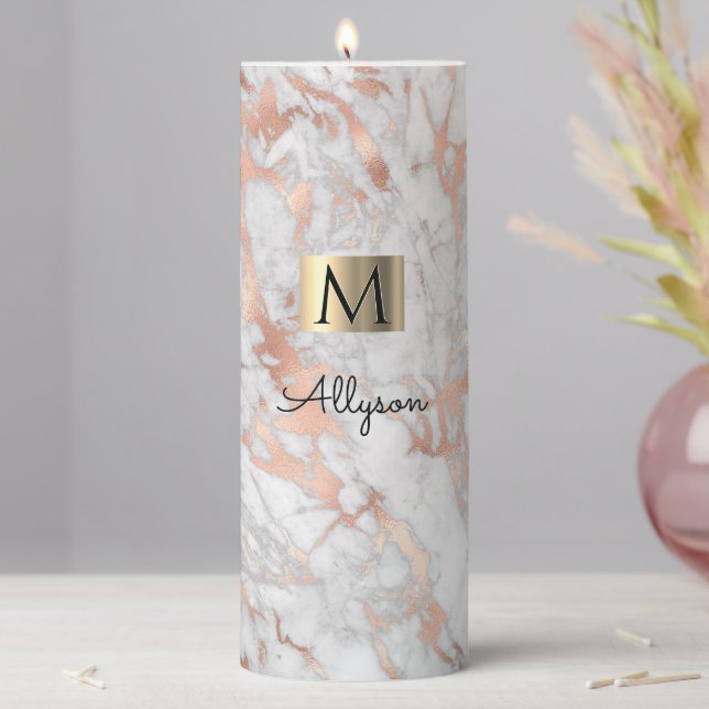 White & Rose Gold Marble, Name & Monogram, Vs 2 Pillar Candle (In Situ)