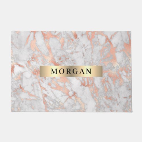 White  Rose Gold Marble Name on Gold Band Doormat