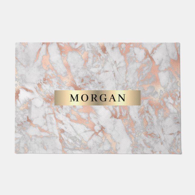 White & Rose Gold Marble, Name on Gold Band Doormat (Front)