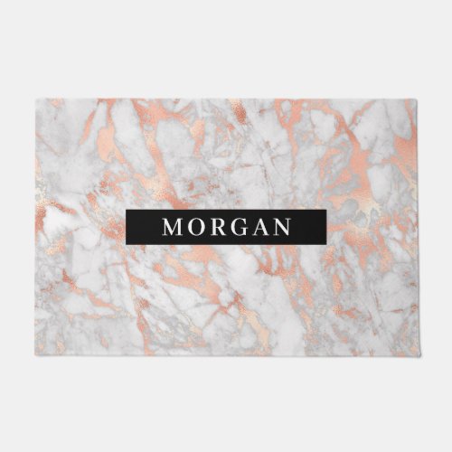White  Rose Gold Marble White Name on Black Band Doormat