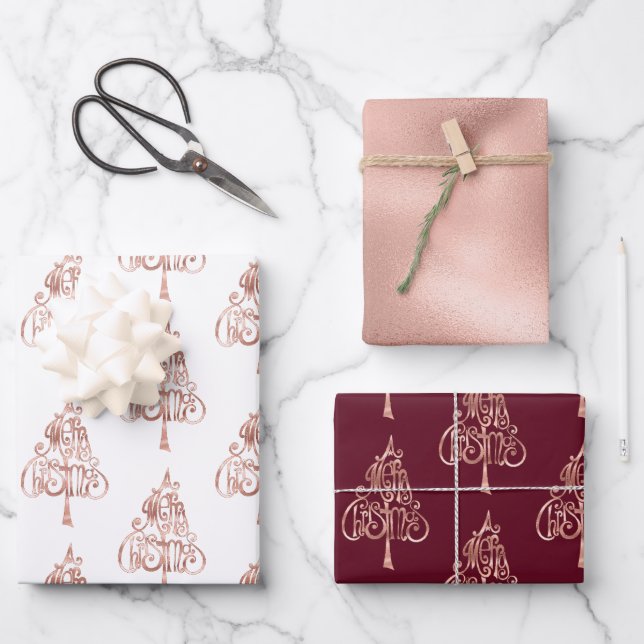 White Rose Gold Merry Christmas Tree Wrapping Paper Sheets (Front)