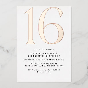 White & Rose Gold Modern Minimal 16th Birthday Foil Invitation