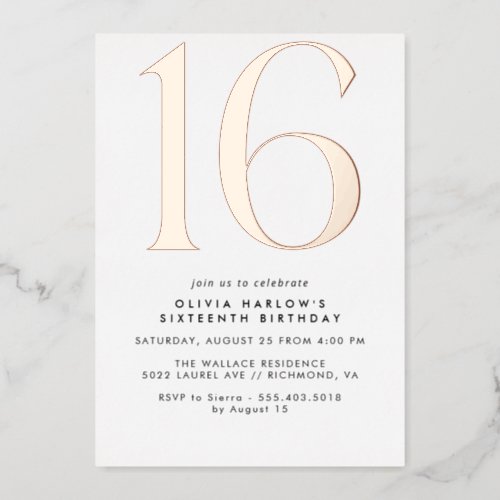 White  Rose Gold  Modern Minimal 16th Birthday Foil Invitation