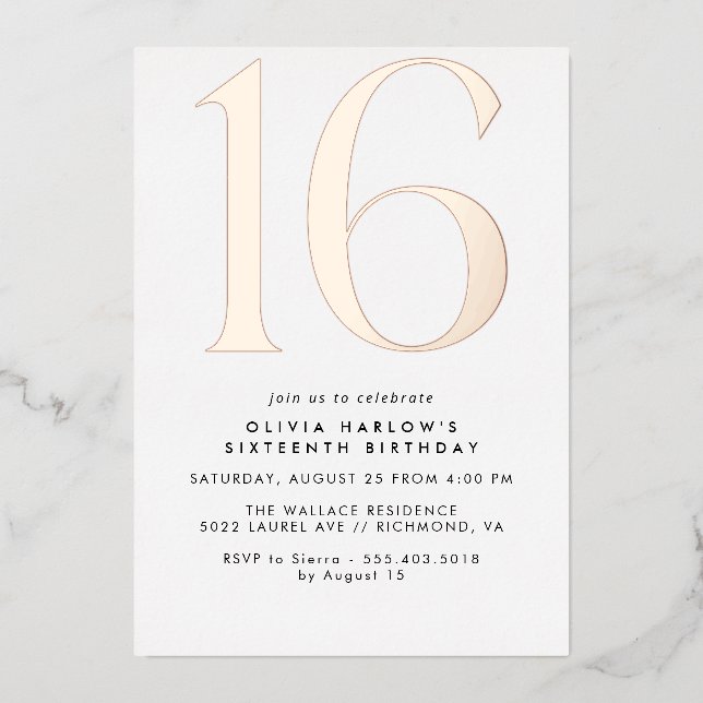 White & Rose Gold | Modern Minimal 16th Birthday Foil Invitation (Front)