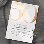 White & Rose Gold | Modern Minimal 50th Birthday Foil Invitation<br><div class="desc">Modern 50th birthday invitations with a large heading "50" in real metallic foil. Your event details are printed below in matte black font. Rose gold on a white background. (Background colors can be changed by using the design tool. You can also change the type of metallic foil.)</div>