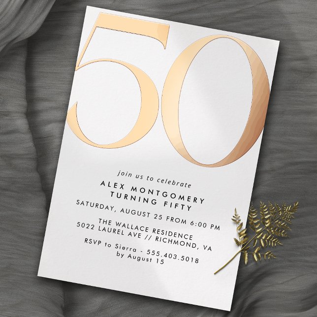 White & Rose Gold | Modern Minimal 50th Birthday Foil Invitation (Creator Uploaded)