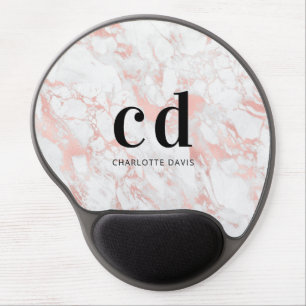 White rose gold monogram initials marble gel mouse pad