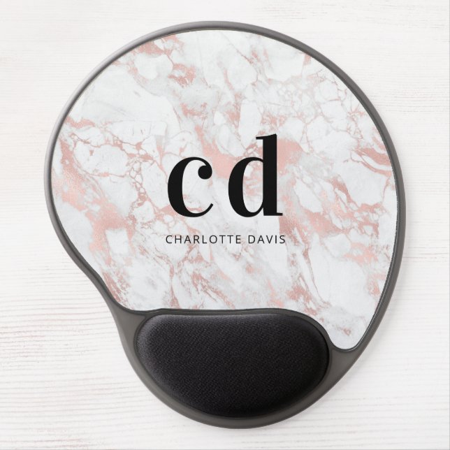 White rose gold monogram initials marble  gel mouse pad (Front)