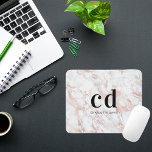 White rose gold monogram initials marble mouse pad<br><div class="desc">A glamorous white and rose gold,  pink faux marble stone print as background. Black text. Personalize and add your monogram initials and name.</div>