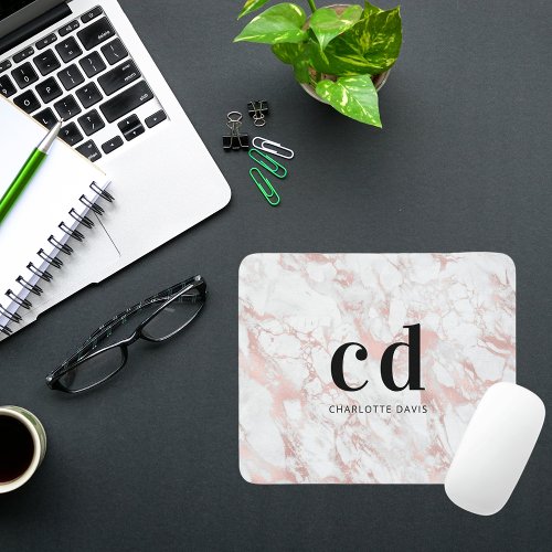 White rose gold monogram initials marble mouse pad