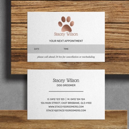 White Rose Gold Paw Print Logo Appointment Card