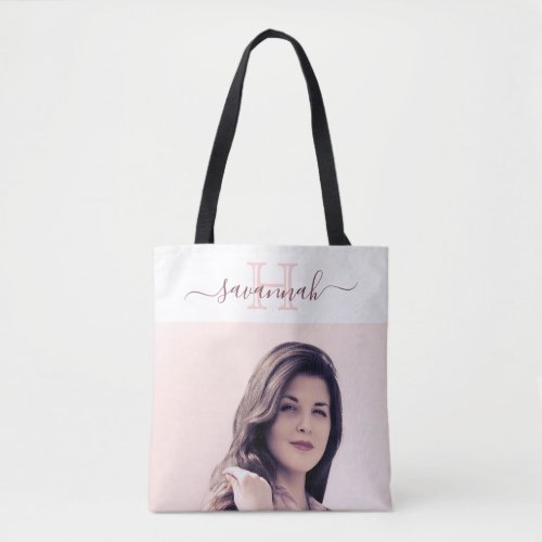 White rose gold photo monogram bride tote bag