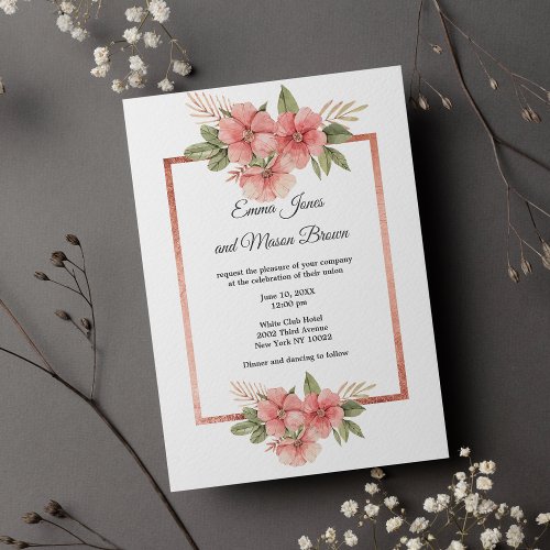 White rose gold pink coral green floral Wedding Invitation