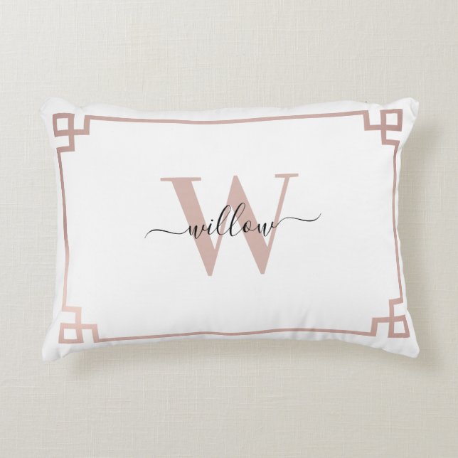 White & Rose Gold Pink Greek Key Monogrammed  Accent Pillow (Front)