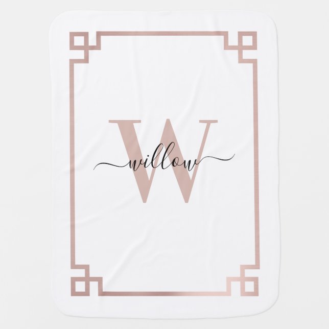 White & Rose Gold Pink Greek Key Monogrammed   Baby Blanket (Front)