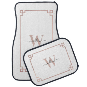 White & Rose Gold Pink Greek Key Monogrammed Car Floor Mat