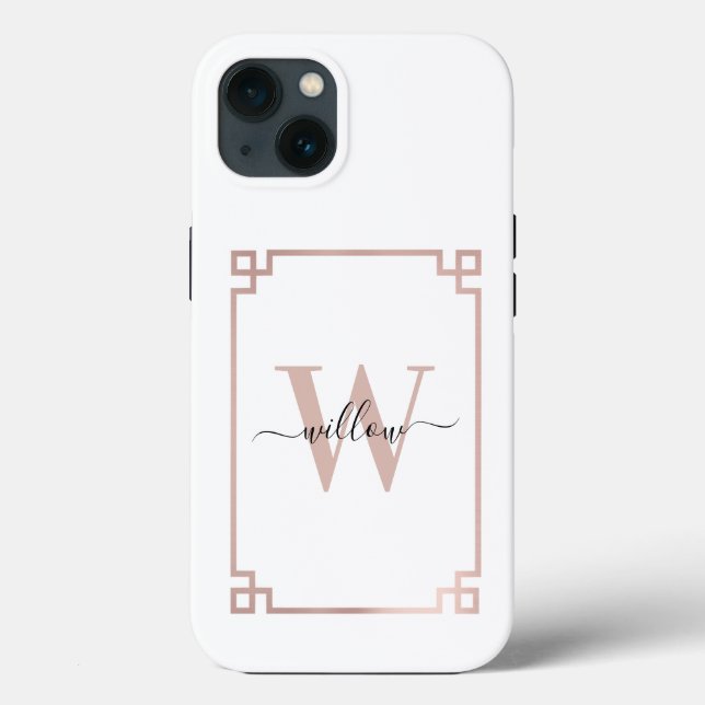 White & Rose Gold Pink Greek Key Monogrammed  Case-Mate iPhone Case (Back)