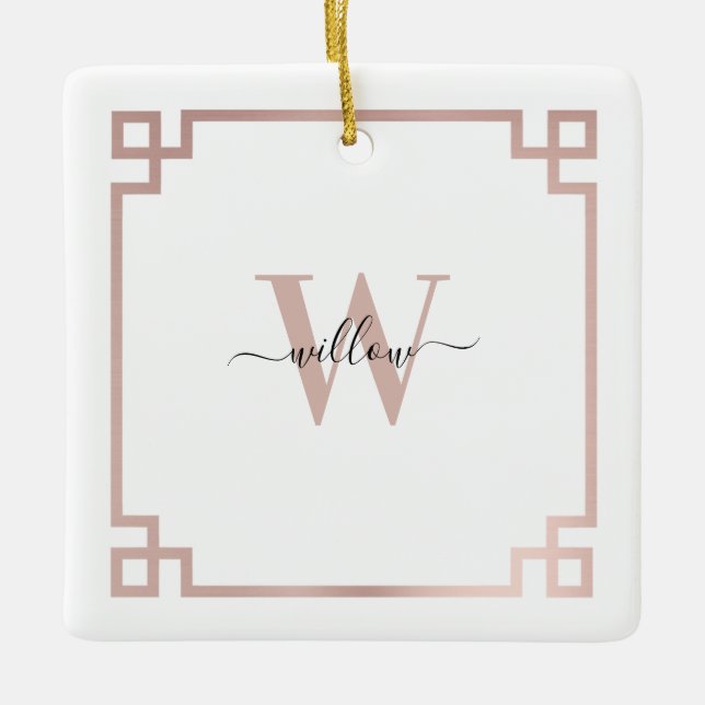 White & Rose Gold Pink Greek Key Monogrammed  Ceramic Ornament (Front)