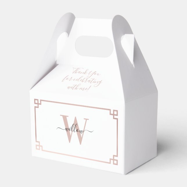 White & Rose Gold Pink Greek Key Monogrammed Favor Boxes (Front Side)