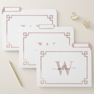White & Rose Gold Pink Greek Key Monogrammed File Folder