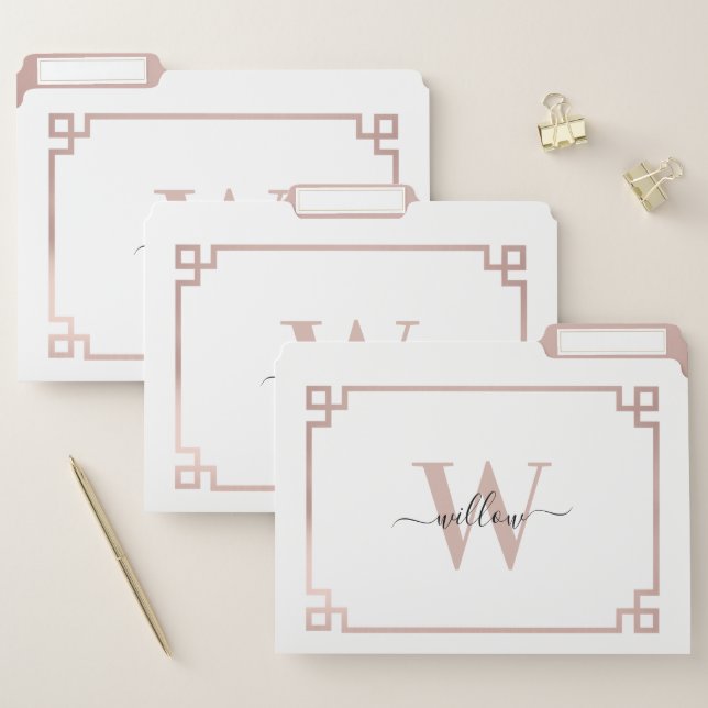 White & Rose Gold Pink Greek Key Monogrammed File Folder (Set)