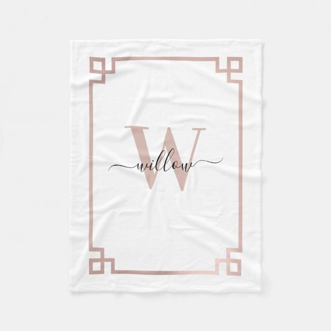 White & Rose Gold Pink Greek Key Monogrammed   Fleece Blanket (Front)