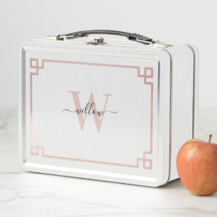White & Rose Gold Pink Greek Key Monogrammed Metal Lunch Box
